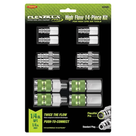 Flexzilla High Flow Coupler and Plug Kit, 14-Piece, 1/4in Body, 1/4in NPT A53458FZ